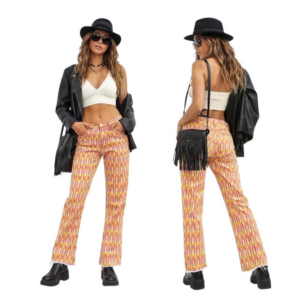 NV by Nati Vozza Pink Yellow Retro Print Jeans Size 32 (Fits US 4)